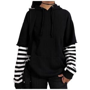 Hot Topic Black & White Striped Sleeve Twofer Pullover Hoodie Sweatshirt Stripe